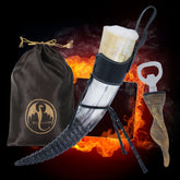 Viking Drinking Horn with Iron Stand, Horn Opener, Genuine Leather Belt Holster and Gift Bag